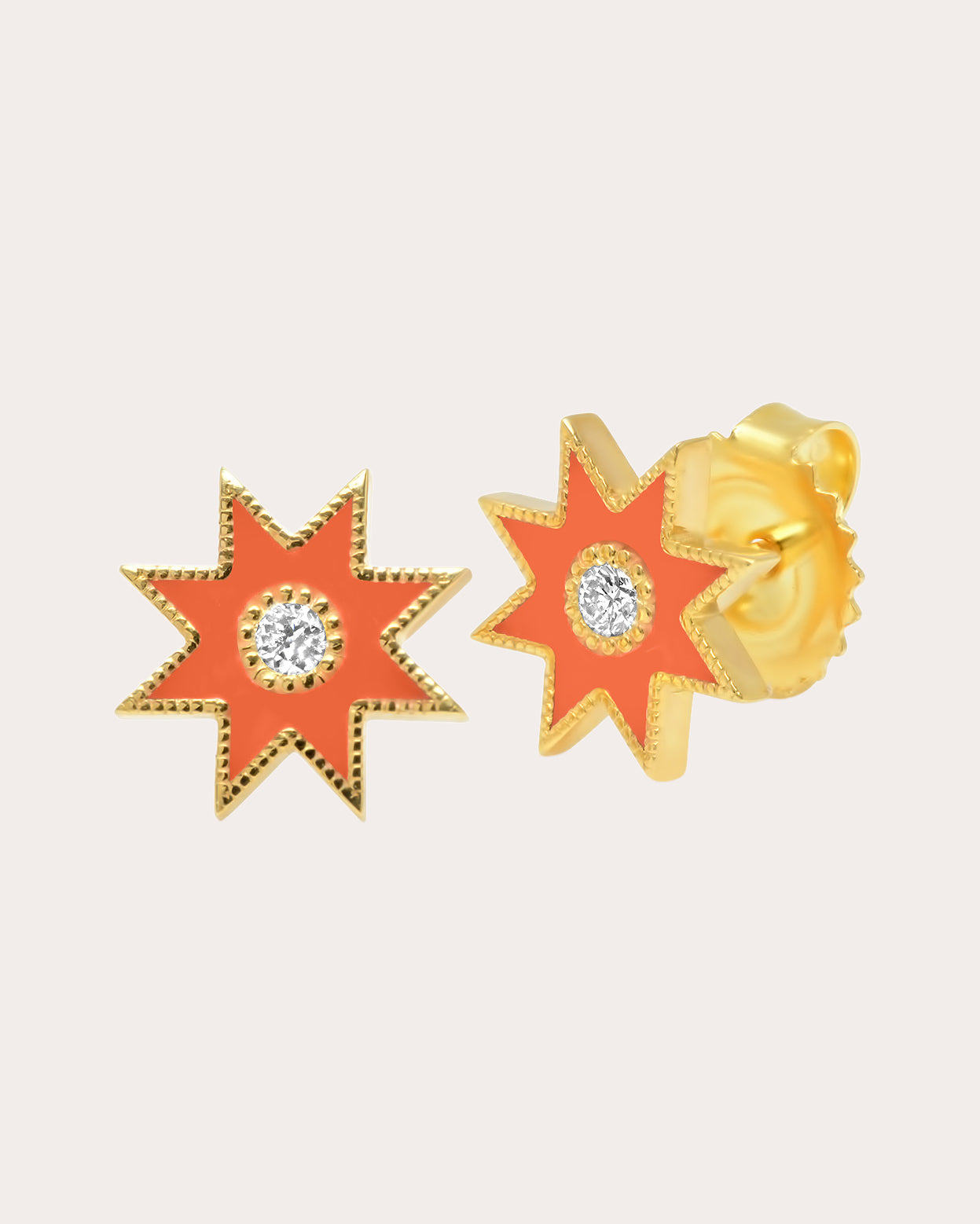 18K Gold Orange Enamel and Diamond Twinkle Star Earrings