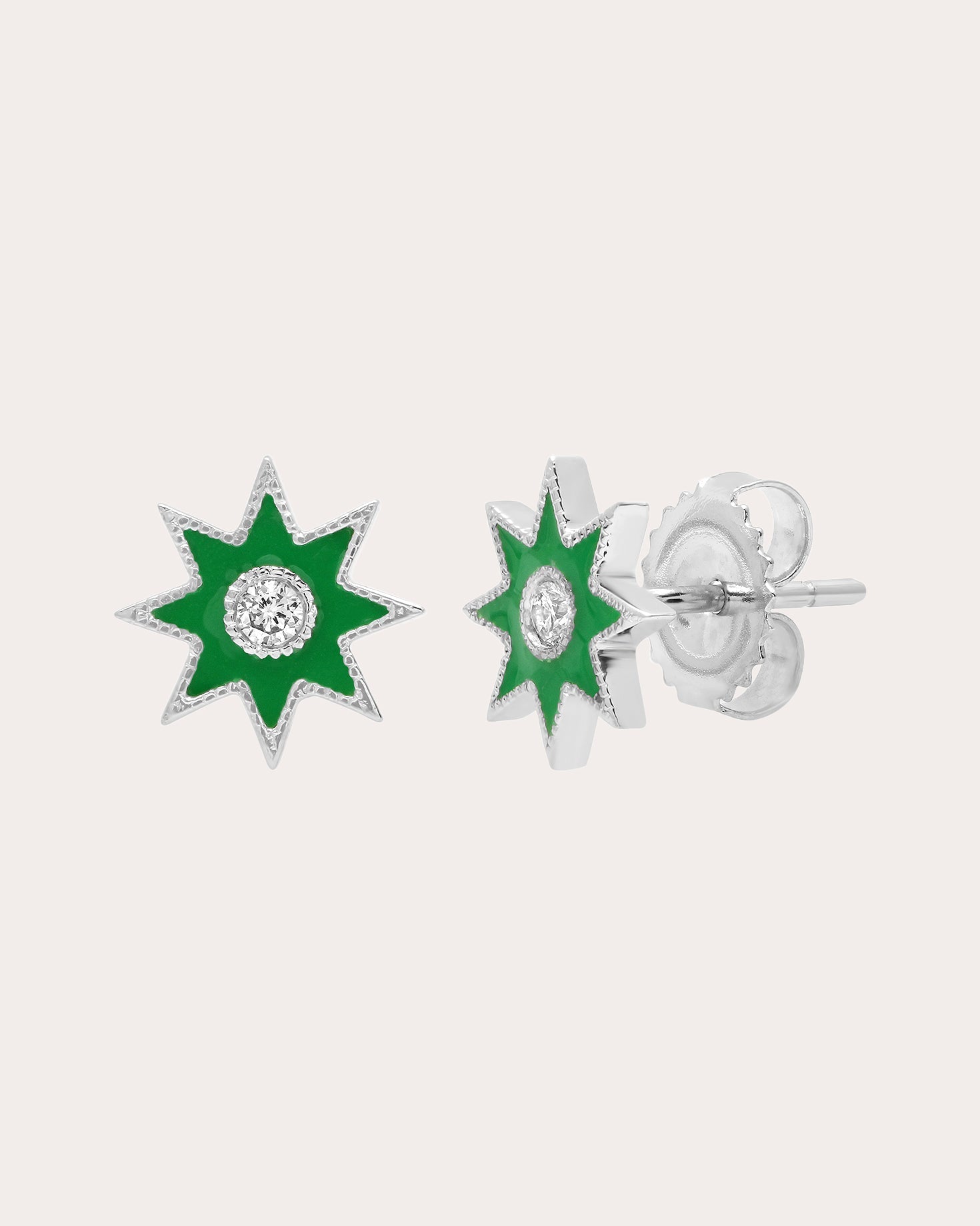 18K Gold Green Enamel and Diamond Twinkle Star Earrings
