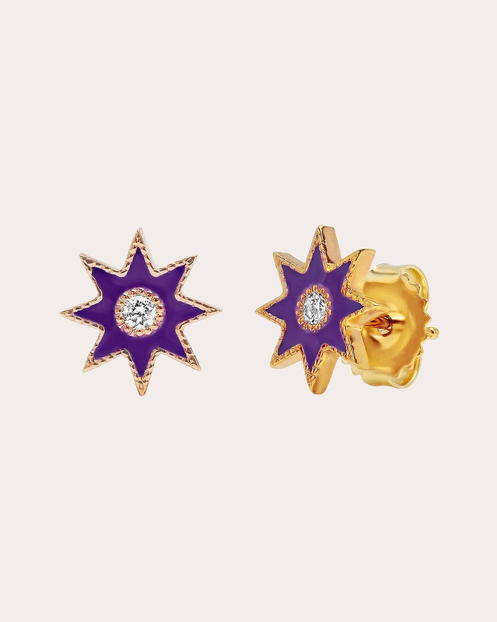 18K Gold Purple Enamel and Diamond Twinkle Star Earrings
