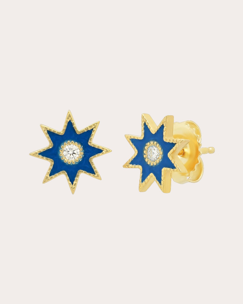 18K Gold Blue Enamel and Diamond Twinkle Star Earrings