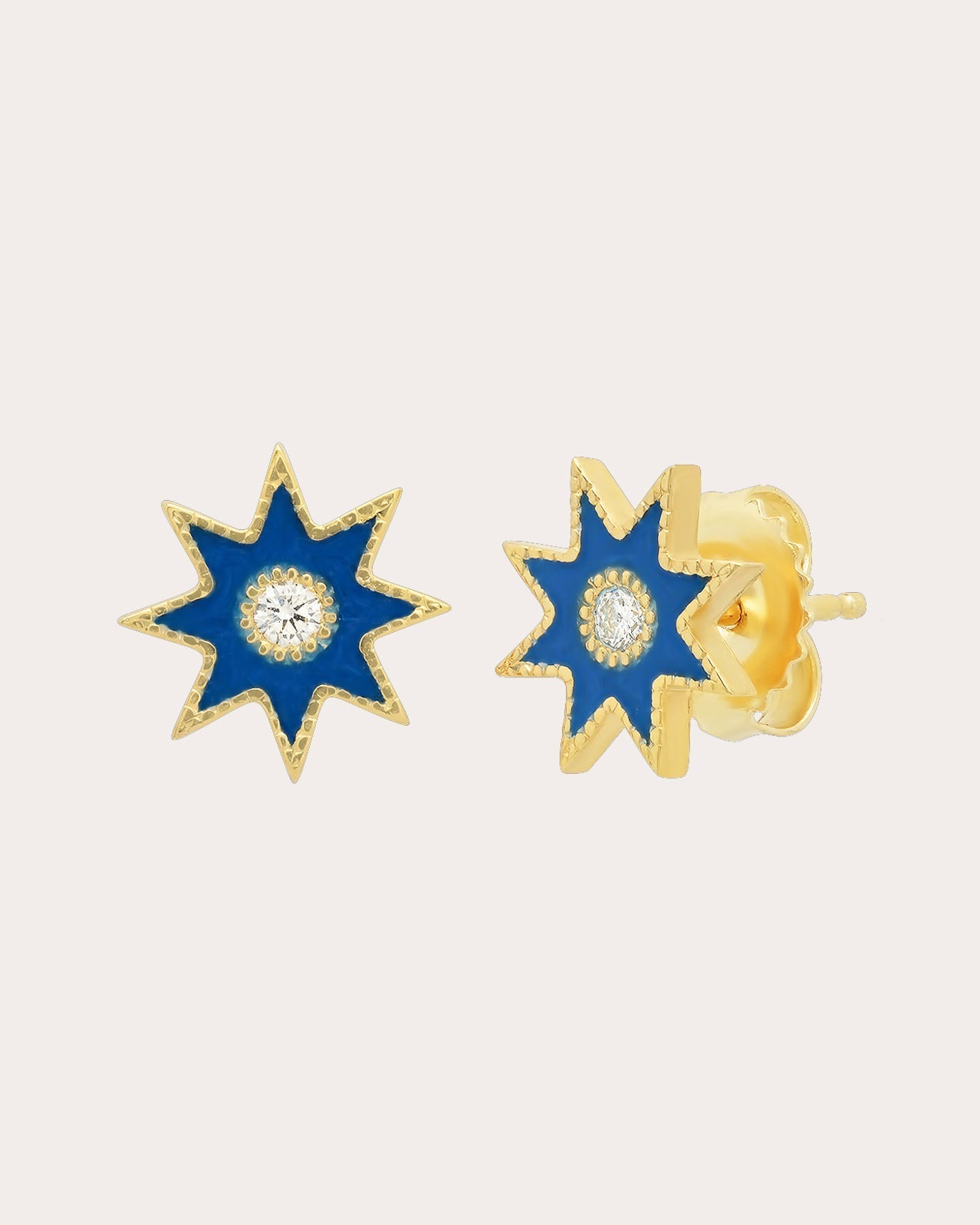 18K Gold Blue Enamel and Diamond Twinkle Star Earrings
