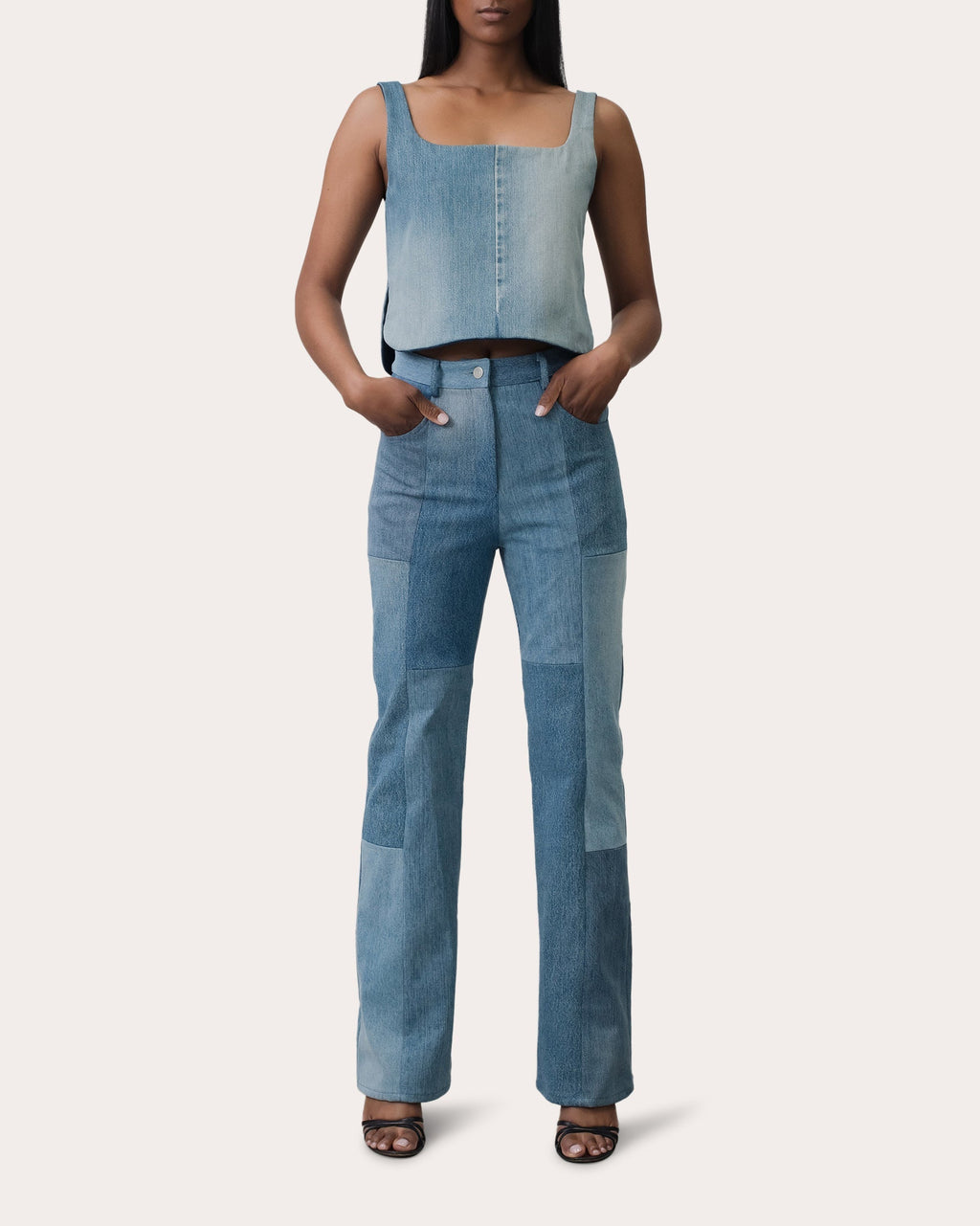 Flare High-Rise Cropped Patchwork Jeans