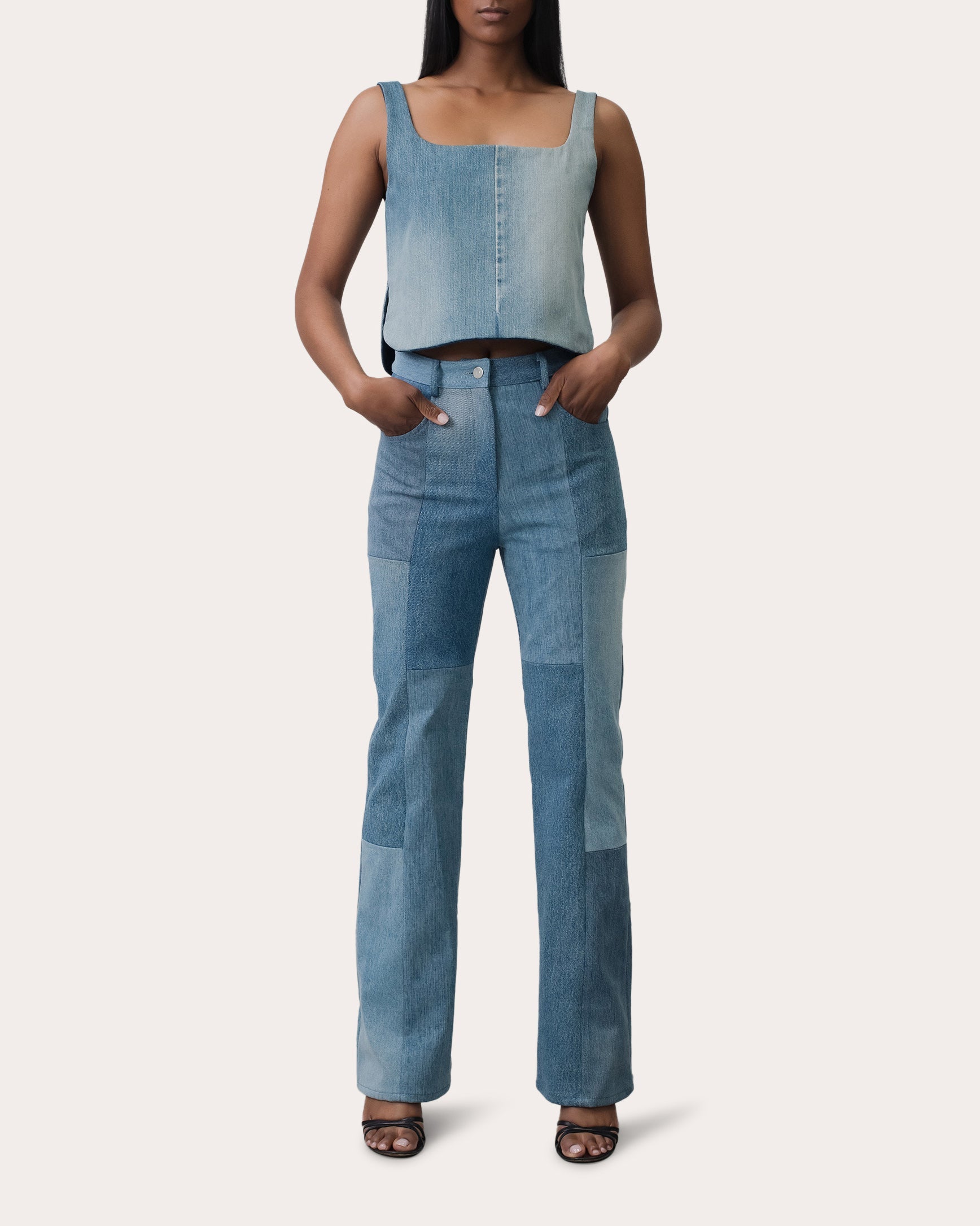 Flare High-Rise Cropped Patchwork Jeans