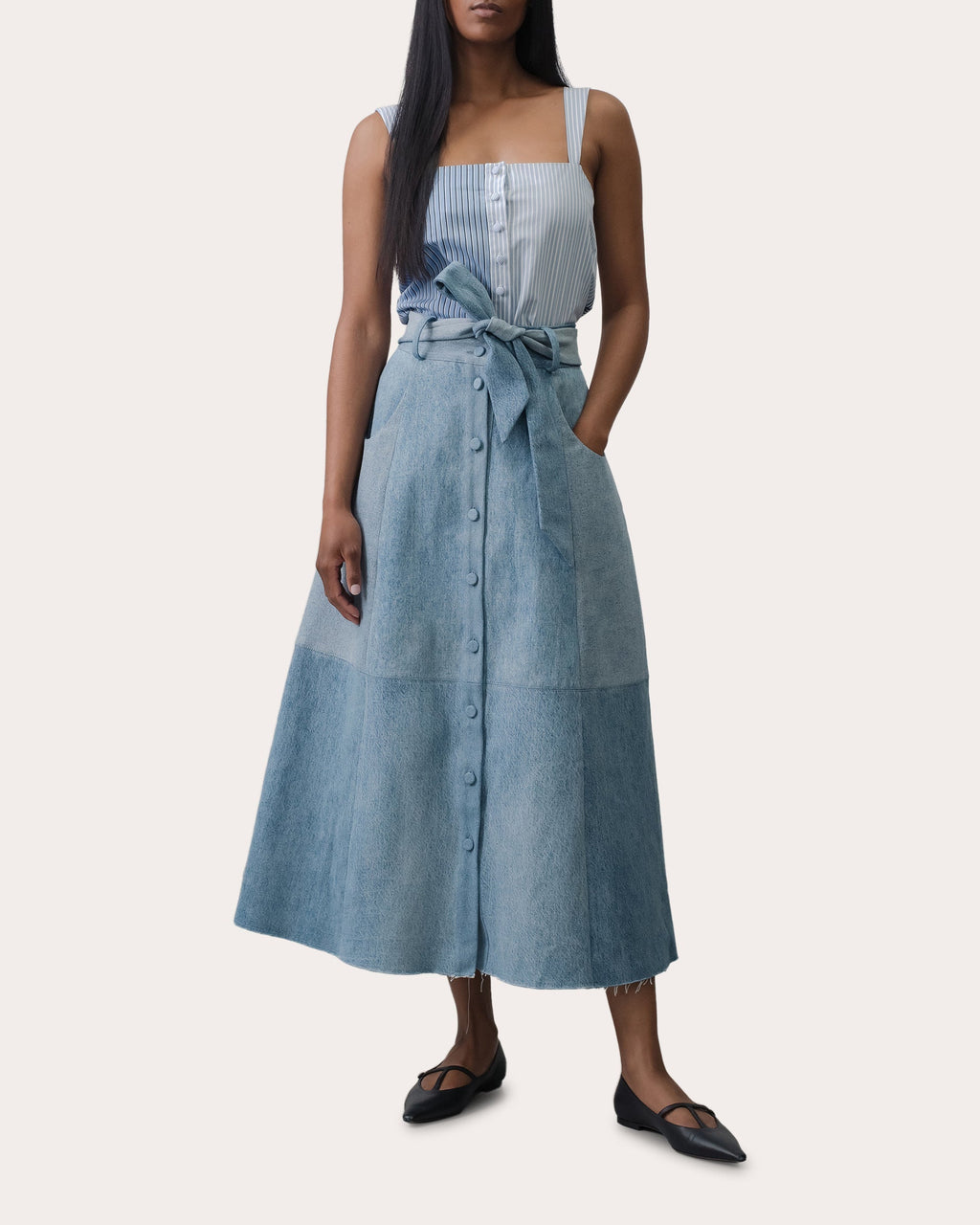 Frankie High-Rise Patchwork Denim Midi Skirt
