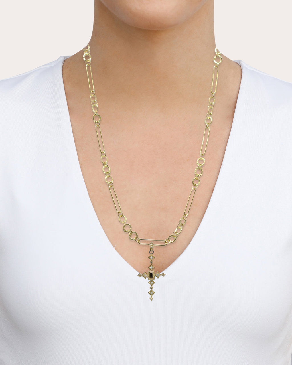 18K Gold Sterling Silver Opal Morganite and Diamond Cross Pendant