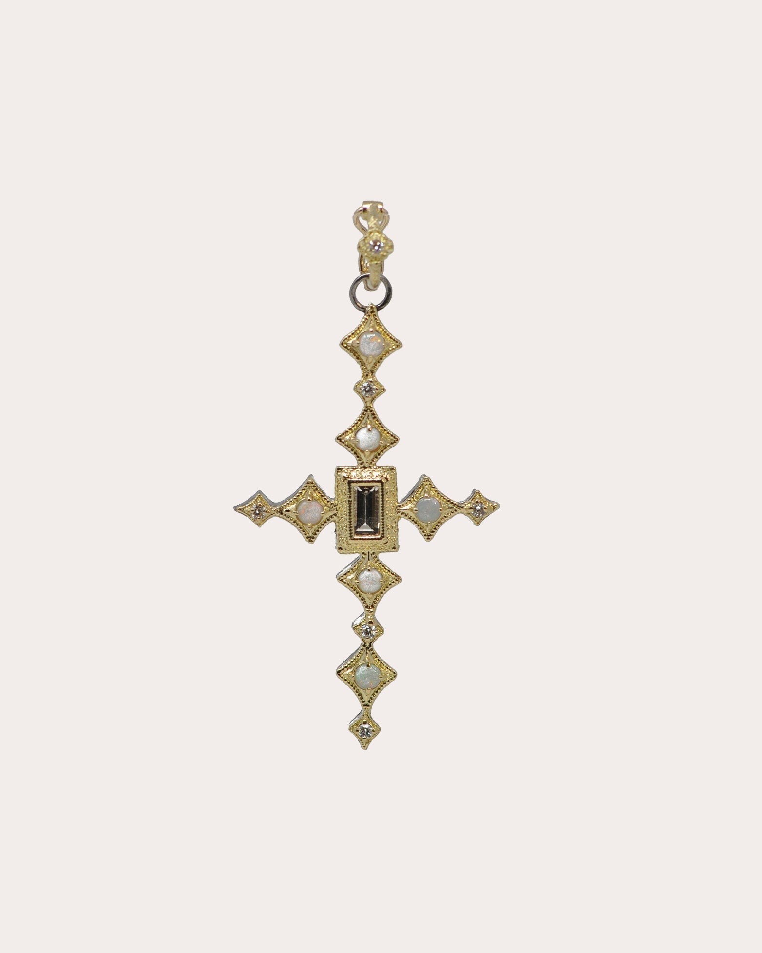 18K Gold Sterling Silver Opal Morganite and Diamond Cross Pendant