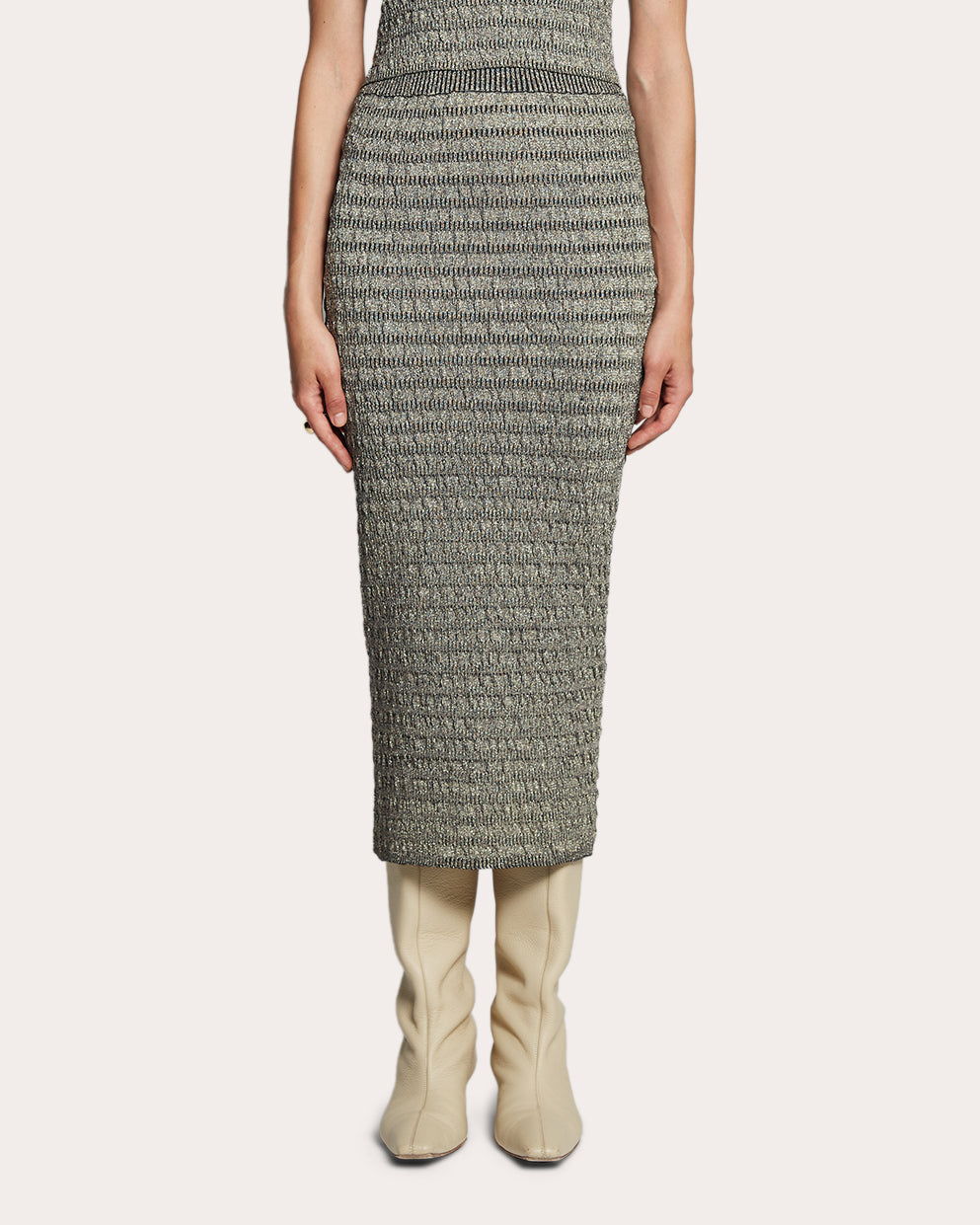 Carrie Metallic Seersucker-Knit Midi Skirt