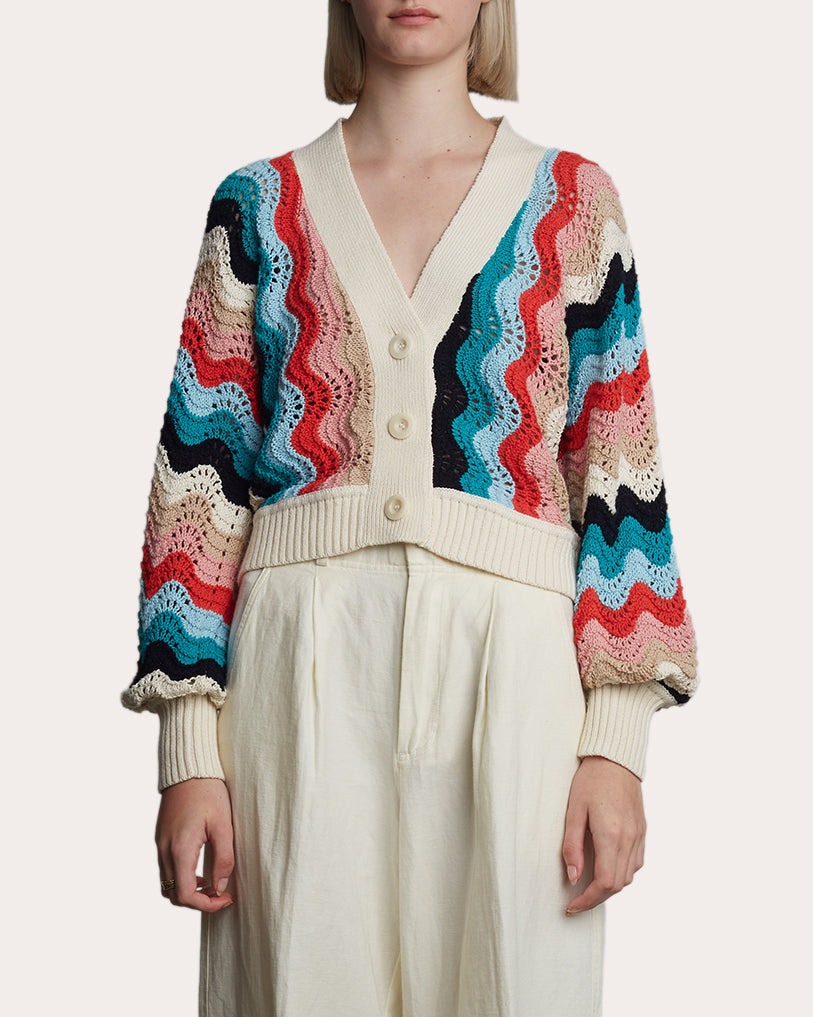 Luna Cropped Chevron Knit Cotton Cardigan