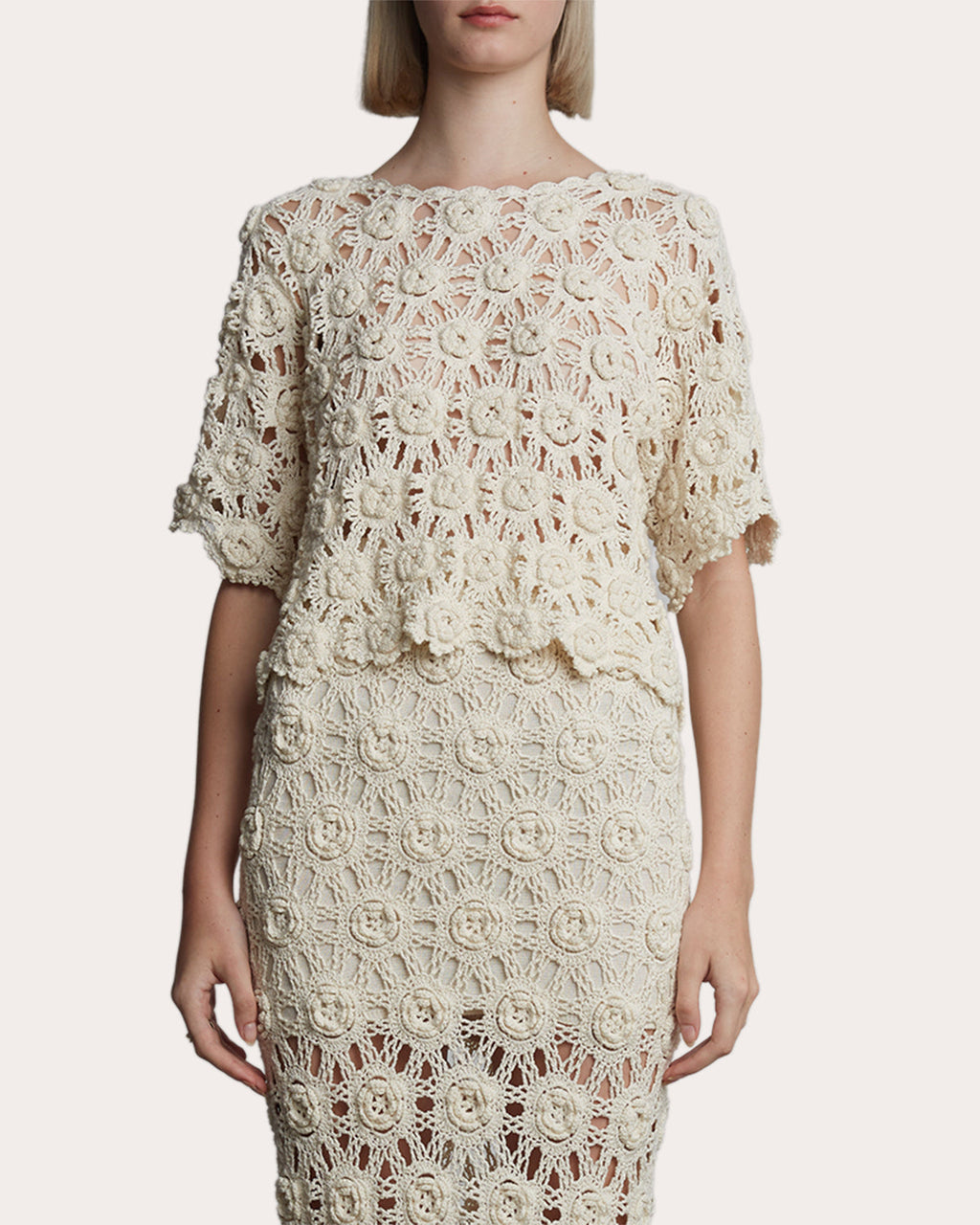 Kara Cropped Floral Cotton Crochet Knit Top