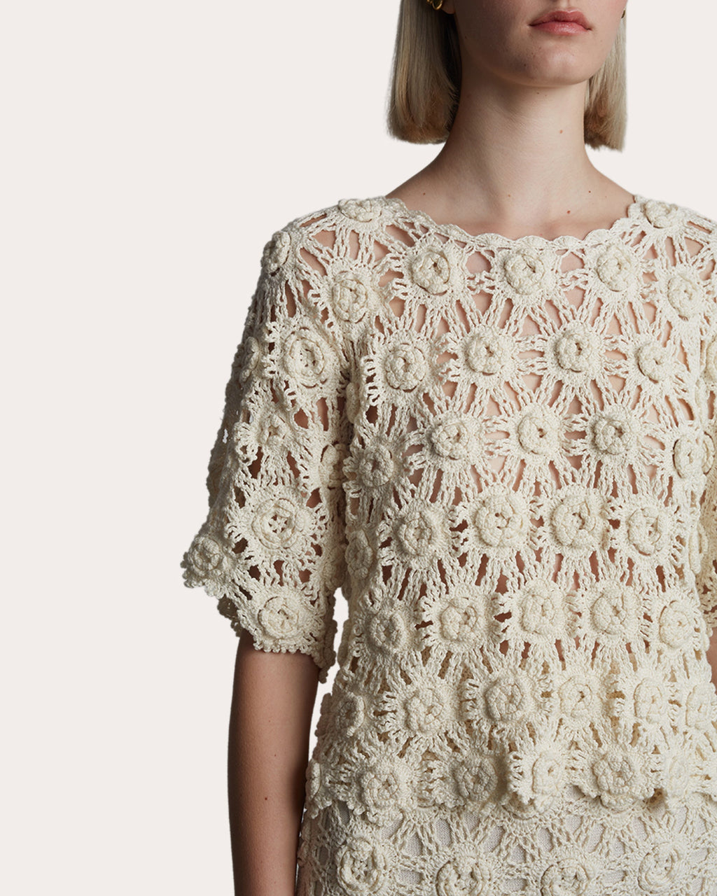 Kara Cropped Floral Cotton Crochet Knit Top