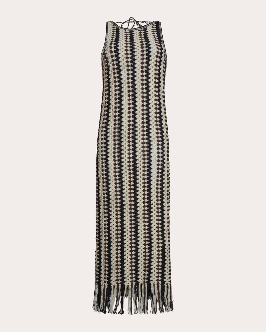 Natalie Fringed Striped Cotton Crochet Knit Midi Dress
