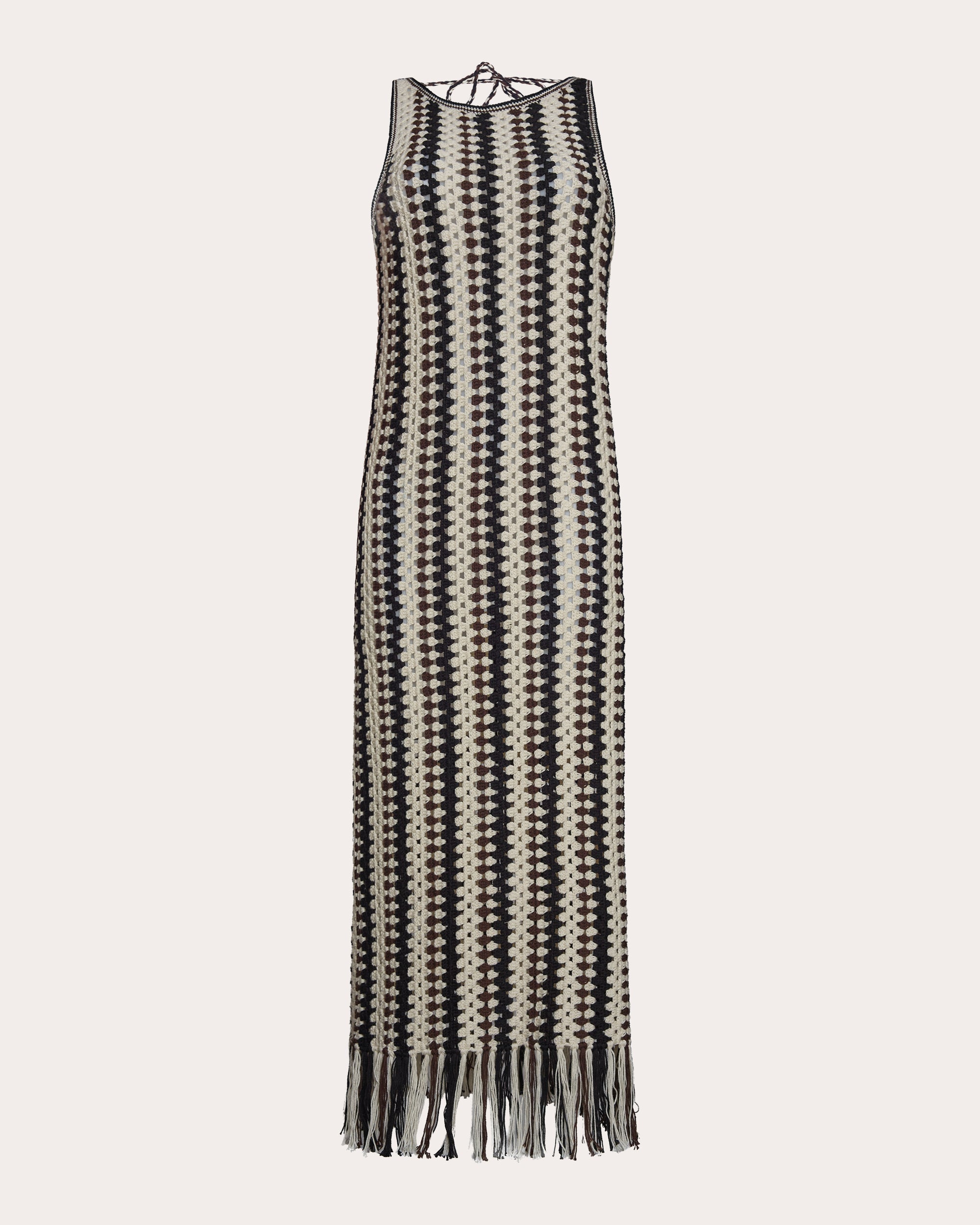 Natalie Fringed Striped Cotton Crochet Knit Midi Dress