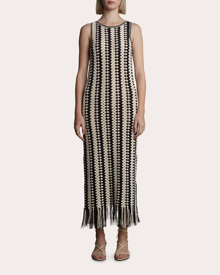 Natalie Fringed Striped Cotton Crochet Knit Midi Dress