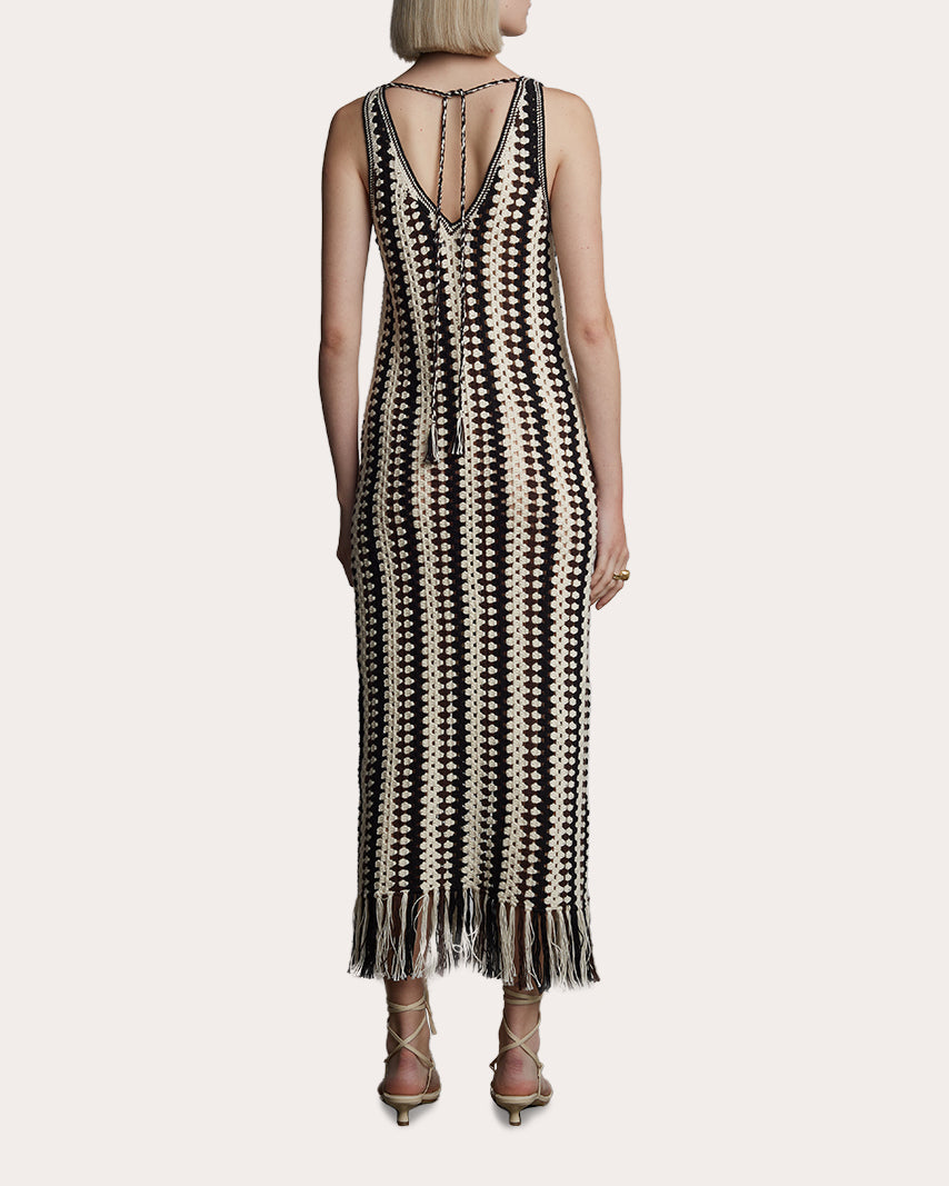 Natalie Fringed Striped Cotton Crochet Knit Midi Dress