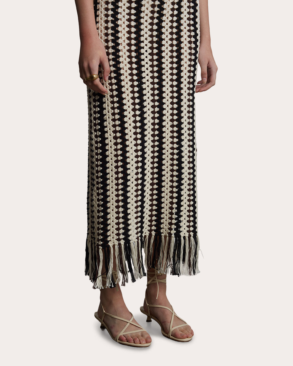 Natalie Fringed Striped Cotton Crochet Knit Midi Dress