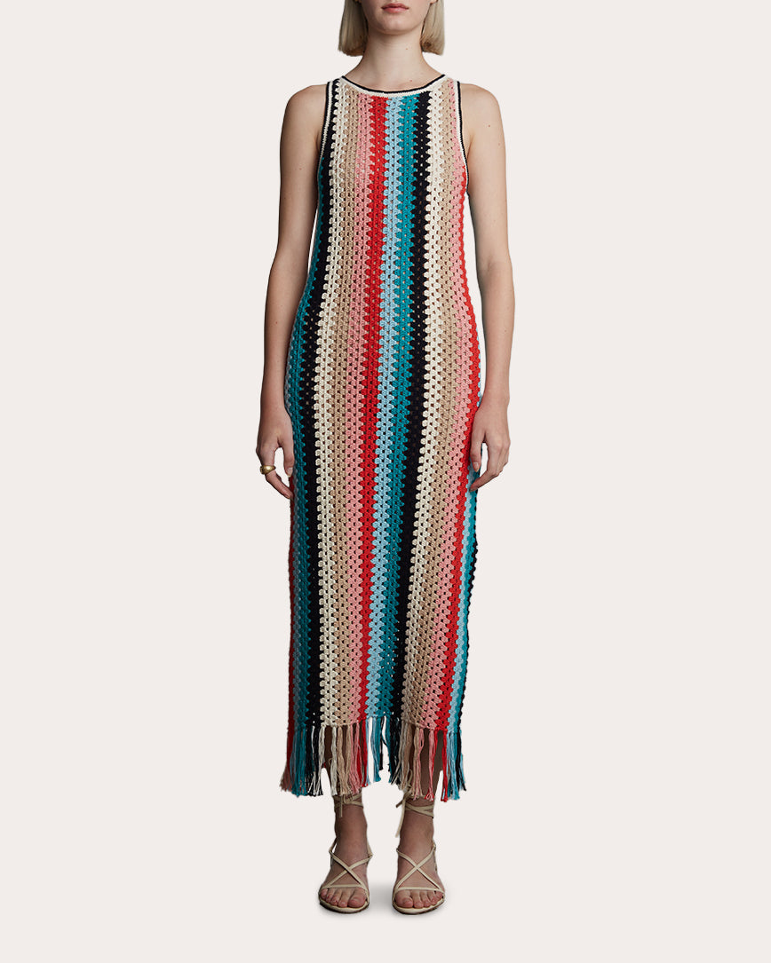 Natalie Fringed Striped Cotton Crochet Knit Midi Dress