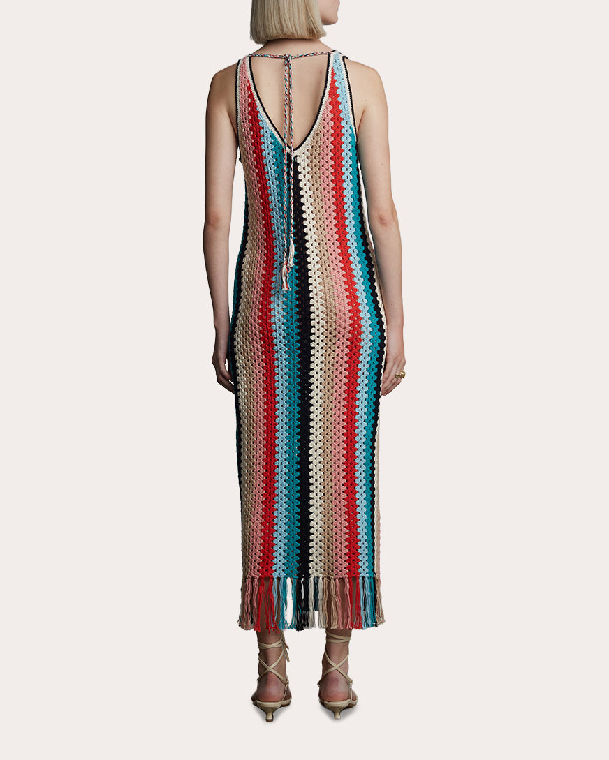 Natalie Fringed Striped Cotton Crochet Knit Midi Dress