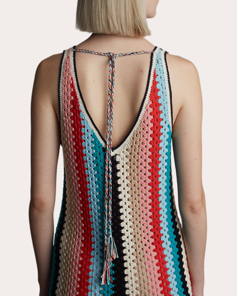 Natalie Fringed Striped Cotton Crochet Knit Midi Dress