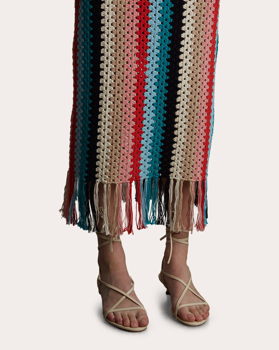 Natalie Fringed Striped Cotton Crochet Knit Midi Dress