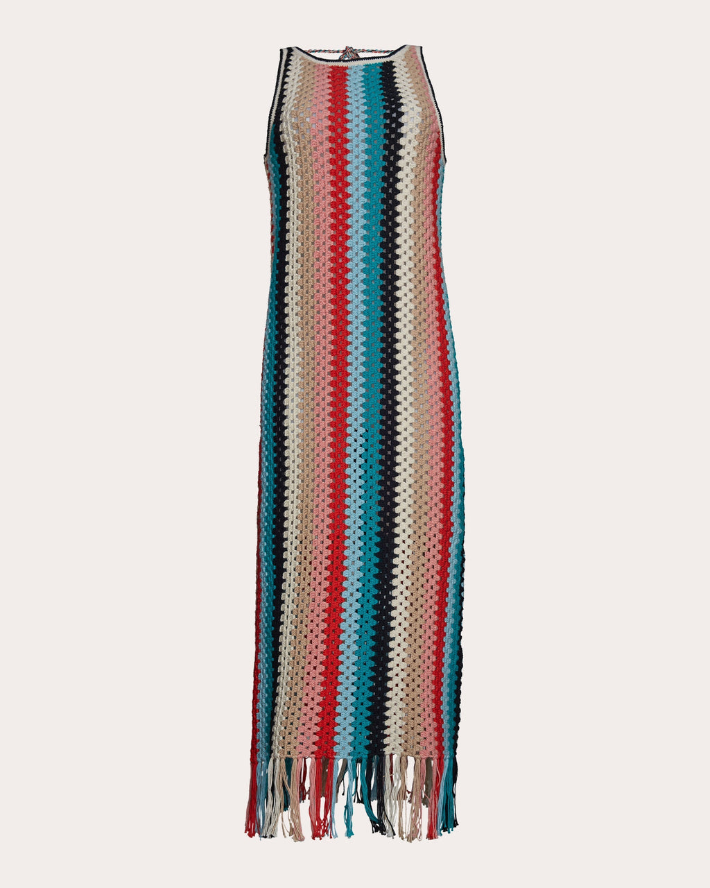 Natalie Fringed Striped Cotton Crochet Knit Midi Dress