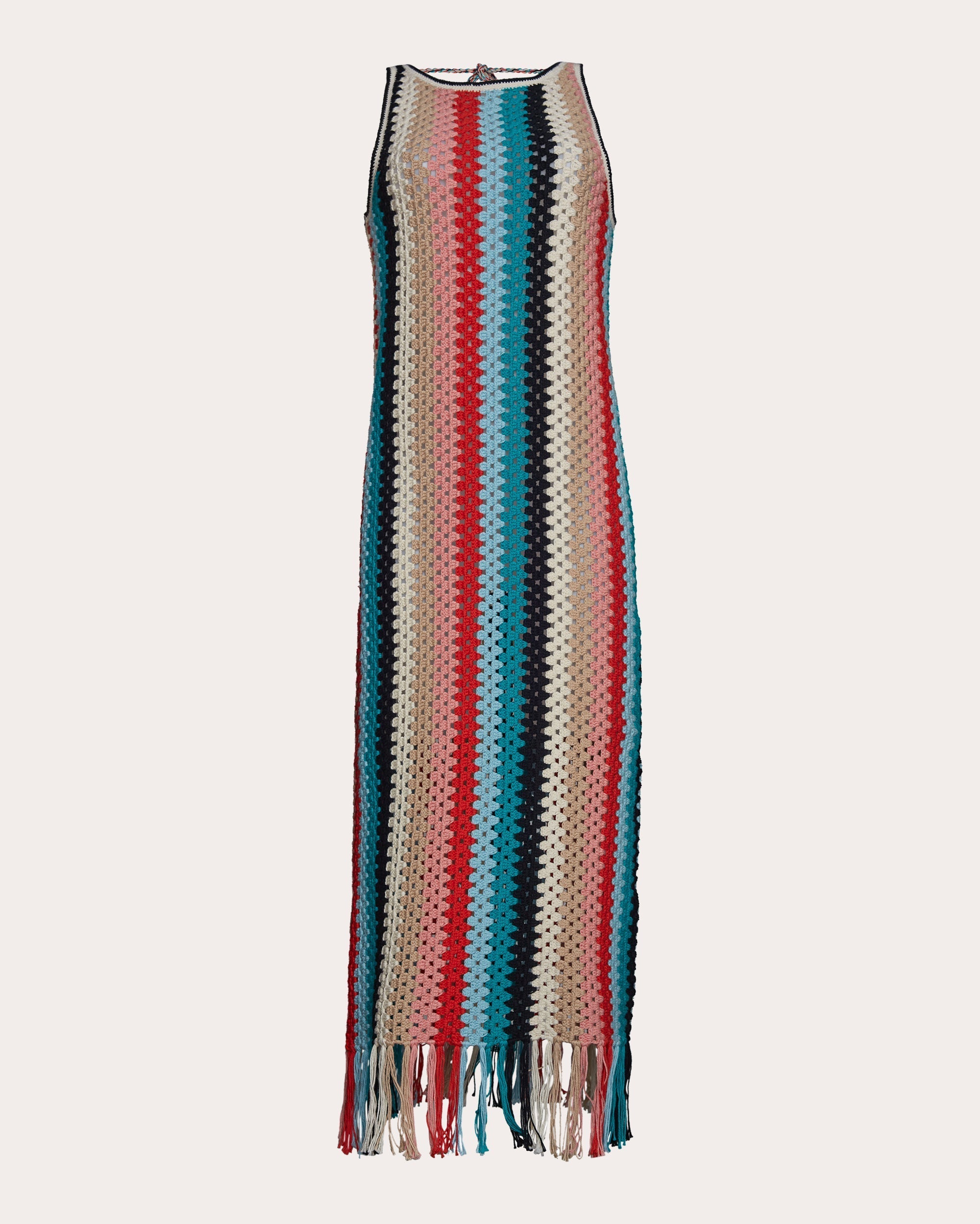 Natalie Fringed Striped Cotton Crochet Knit Midi Dress