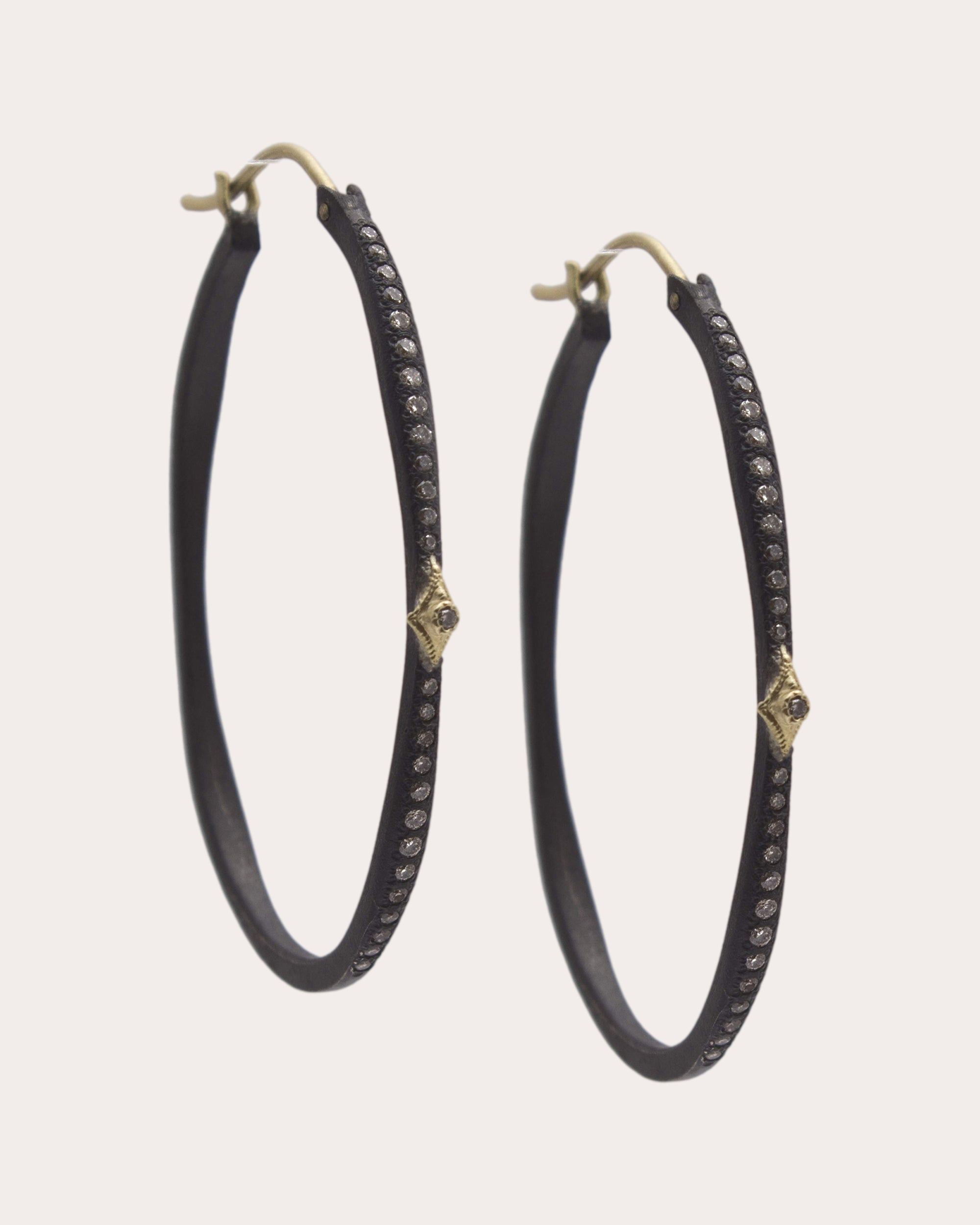 18K Gold Blackened Sterling Silver and Diamond Hoop Earrings