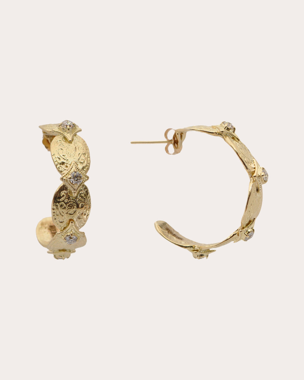 18K Gold Diamond Artifact Coin Hoop Earrings