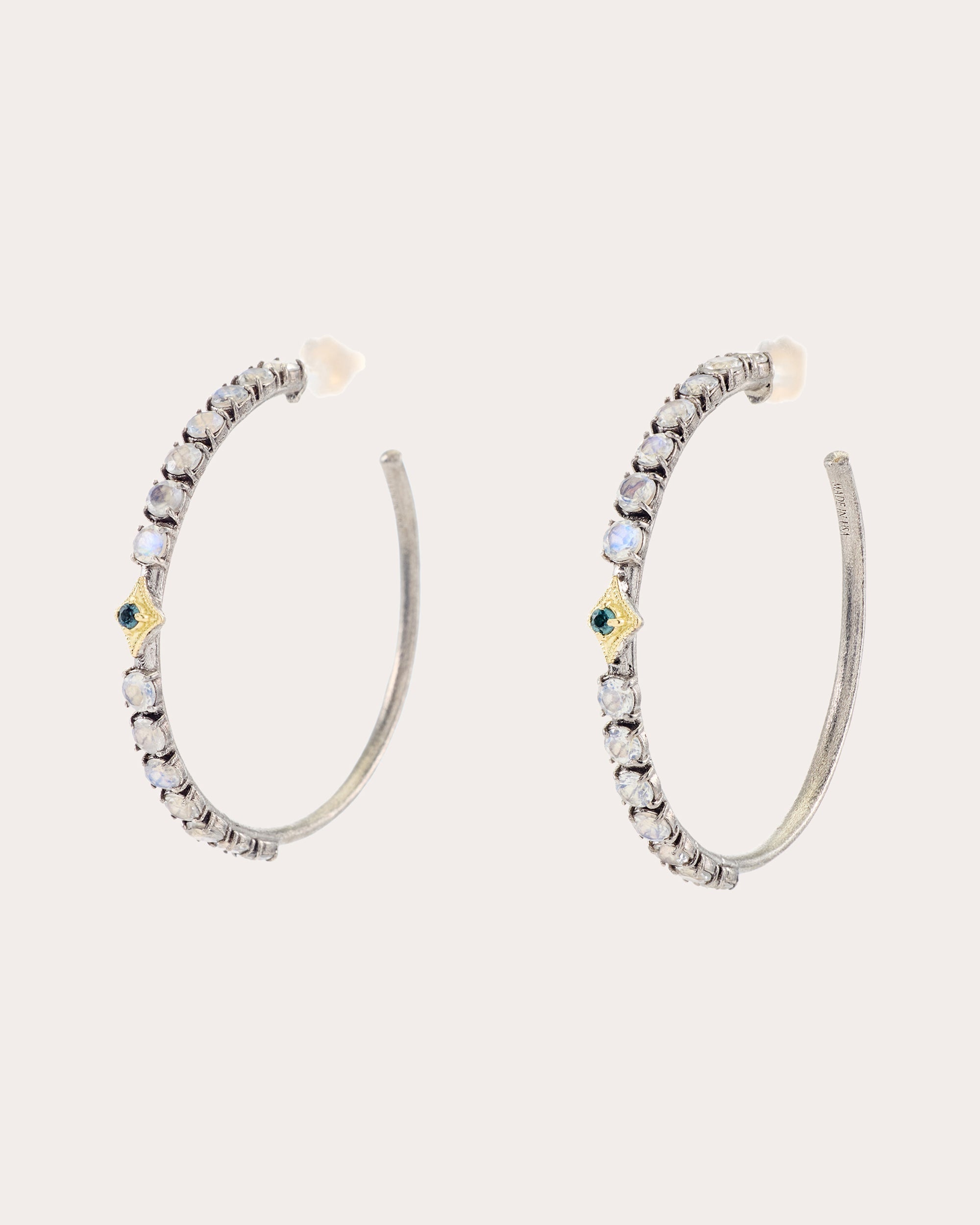 Sterling Silver 18K Gold Moonstone and Spinel Hoop Earrings