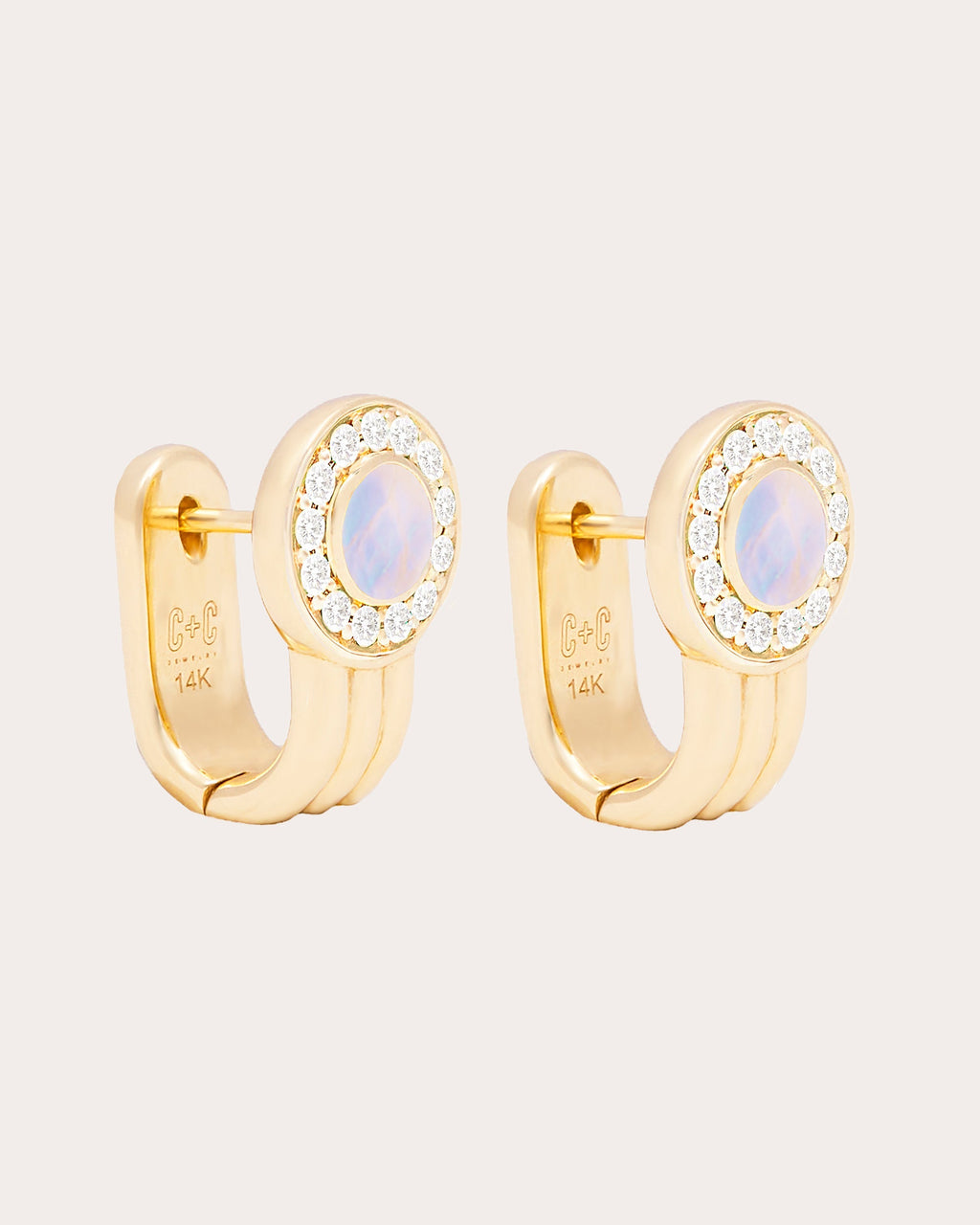 Found 14K Gold Moonstone and Diamond Cabochon Huggie Earrings