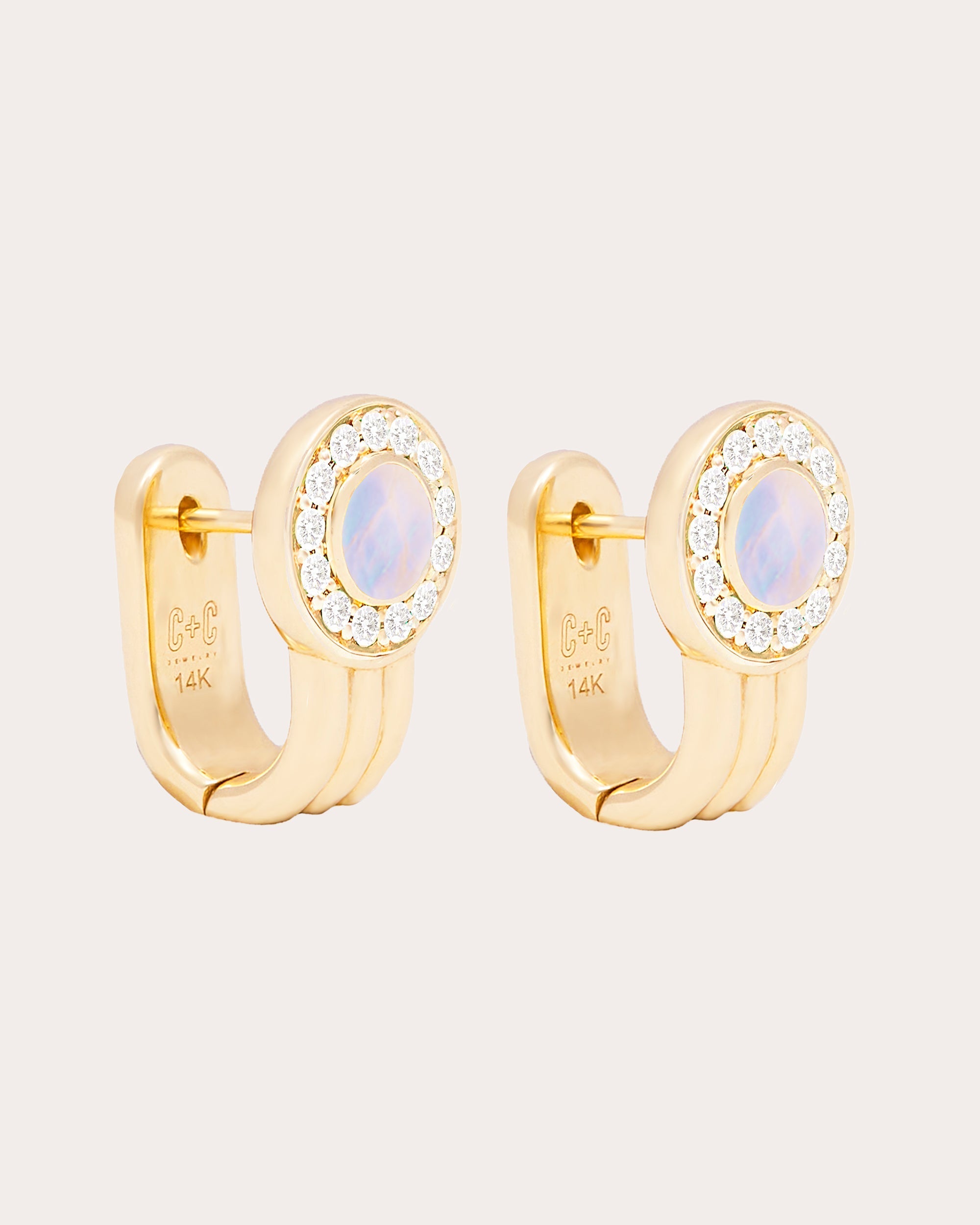 Found 14K Gold Moonstone and Diamond Cabochon Huggie Earrings