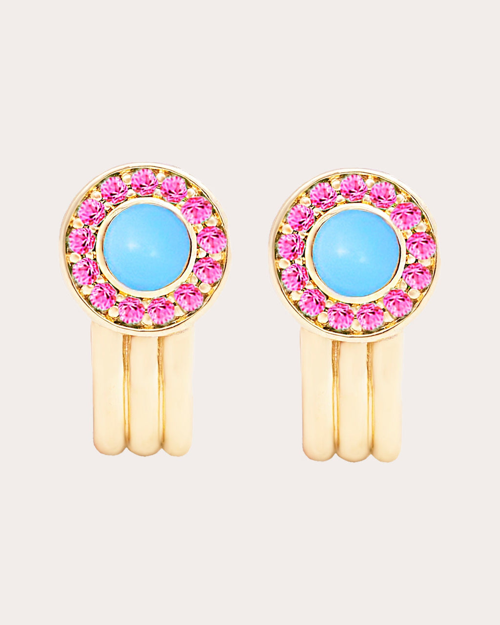 Found 14K Gold Turquoise & Pink Sapphire Cabochon Huggie Earrings