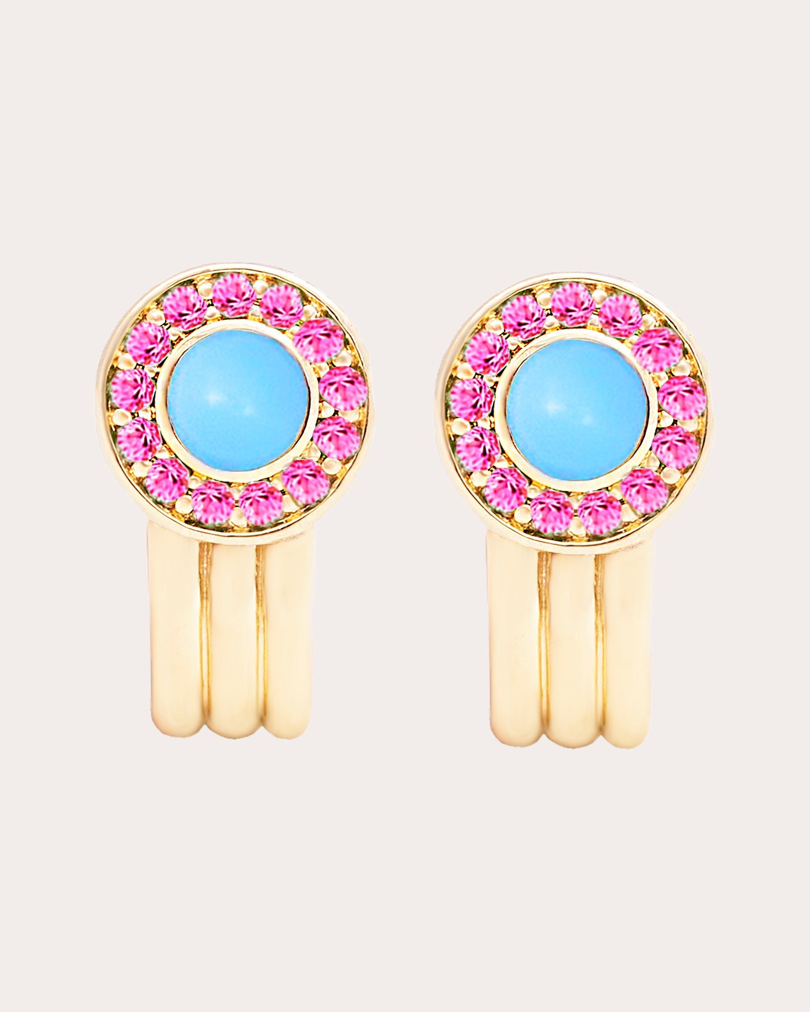 Found 14K Gold Turquoise & Pink Sapphire Cabochon Huggie Earrings