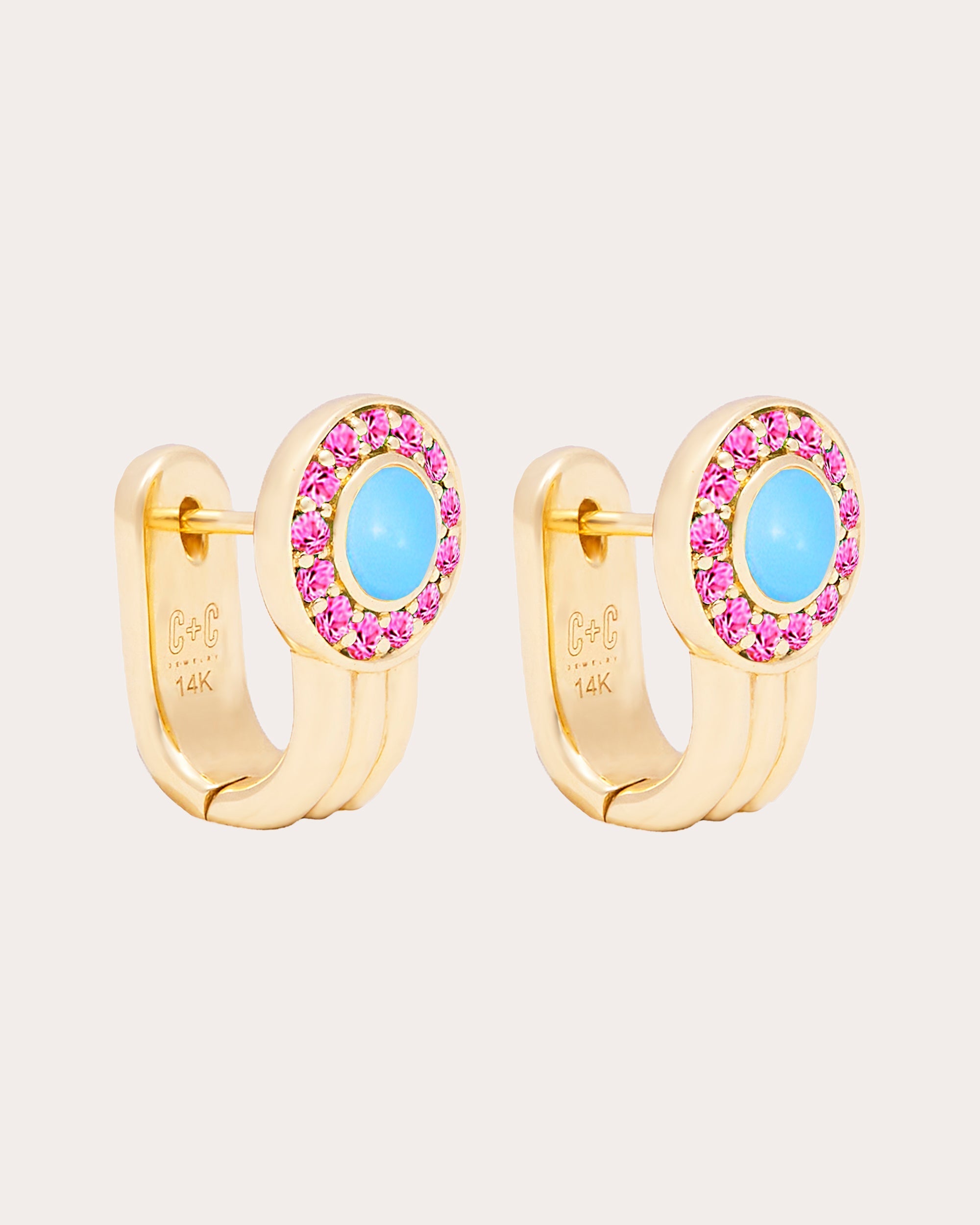 Found 14K Gold Turquoise & Pink Sapphire Cabochon Huggie Earrings