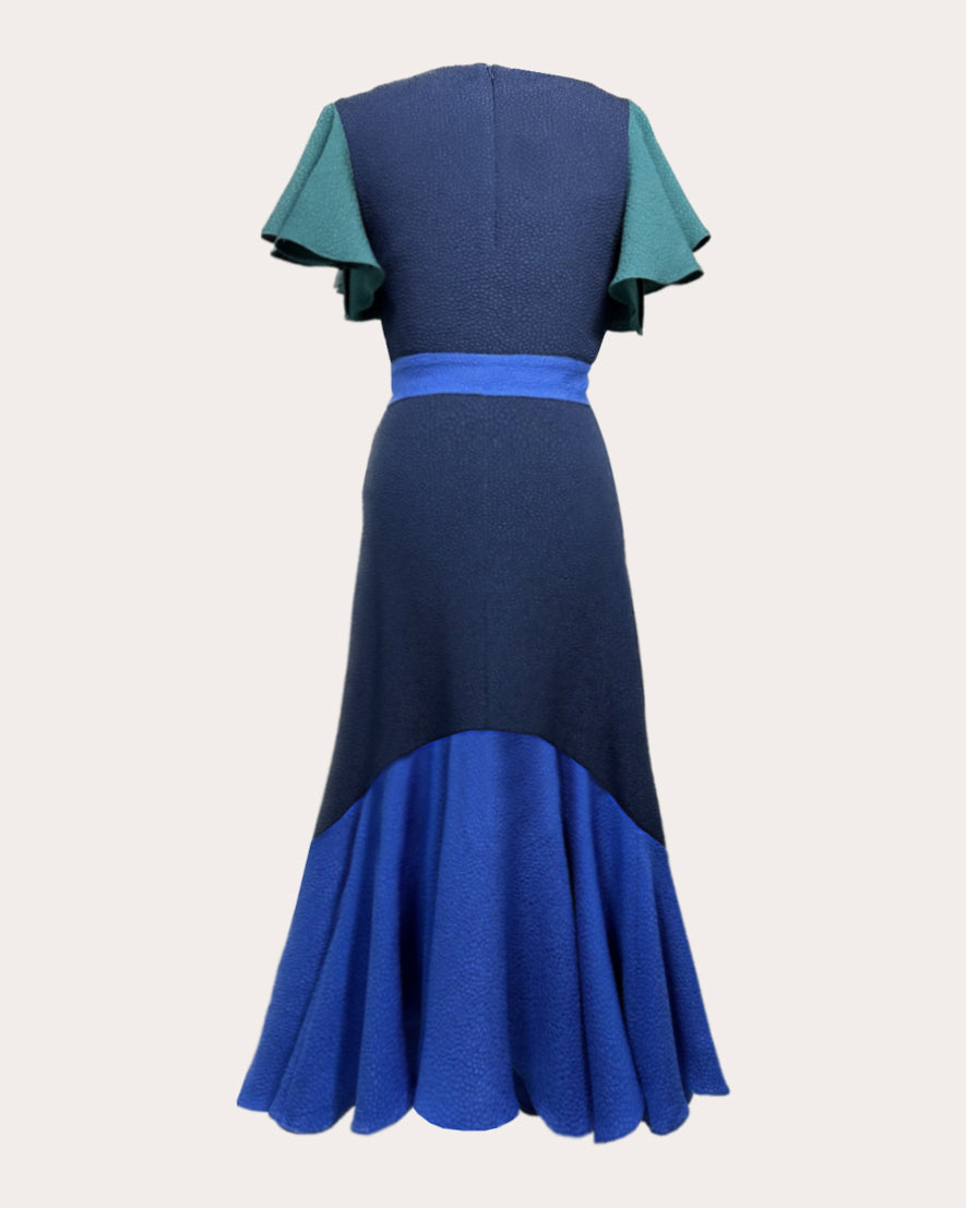 Dada Belted Ruffle-Hem Textured-Jacquard Midi Dress