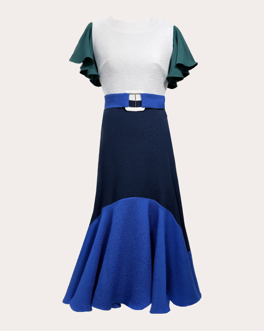 Dada Belted Ruffle-Hem Textured-Jacquard Midi Dress