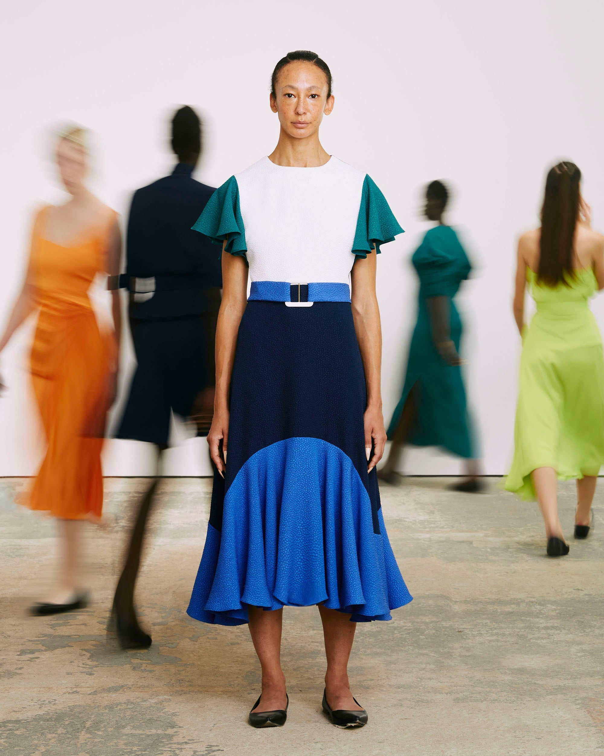 Dada Belted Ruffle-Hem Textured-Jacquard Midi Dress