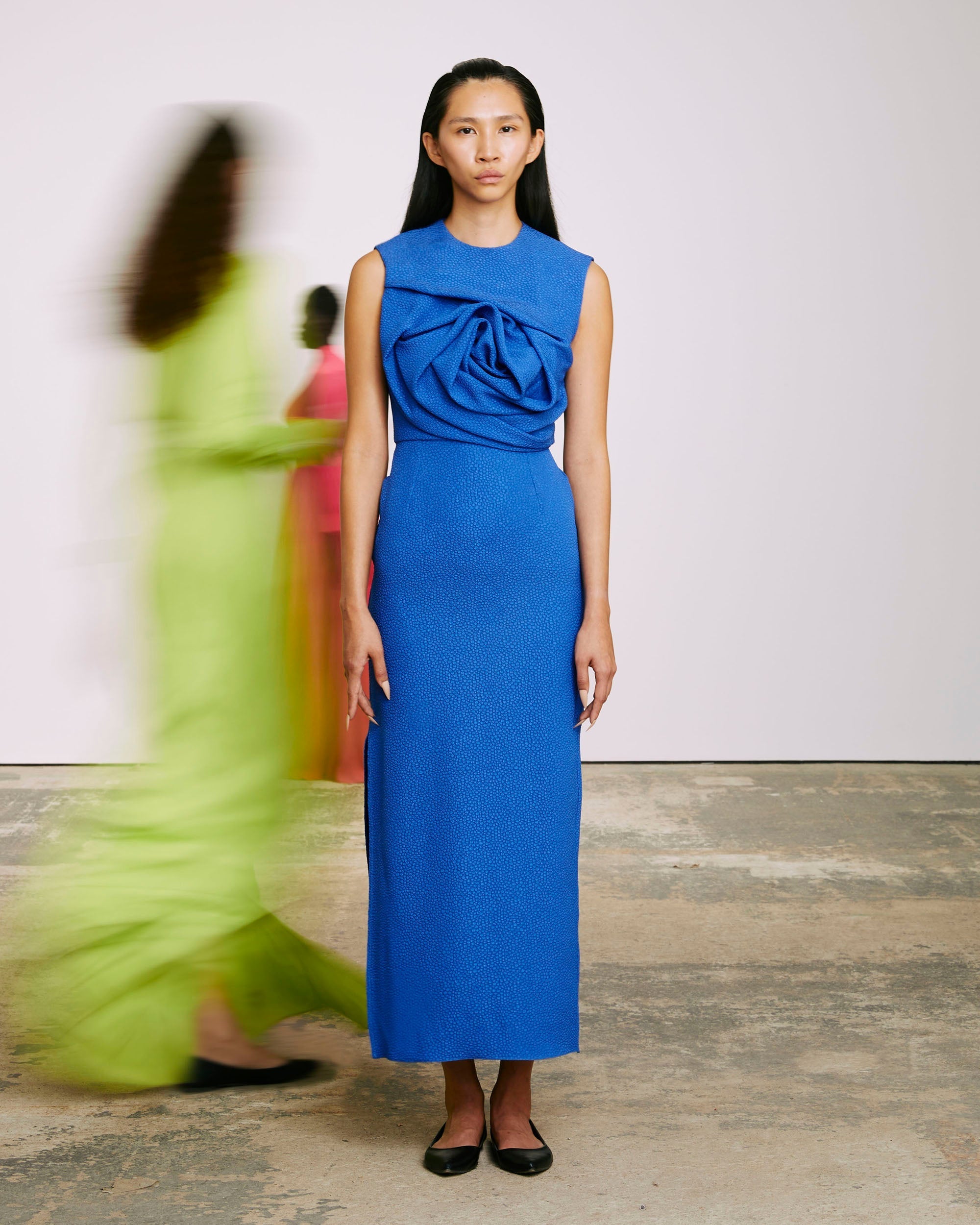 Aphrodite Draped Textured-Jacquard Midi Dress