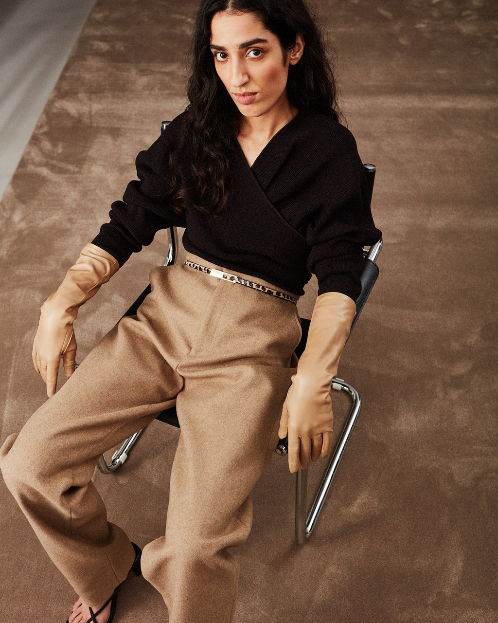 Beige Essentials Long Leather Gloves