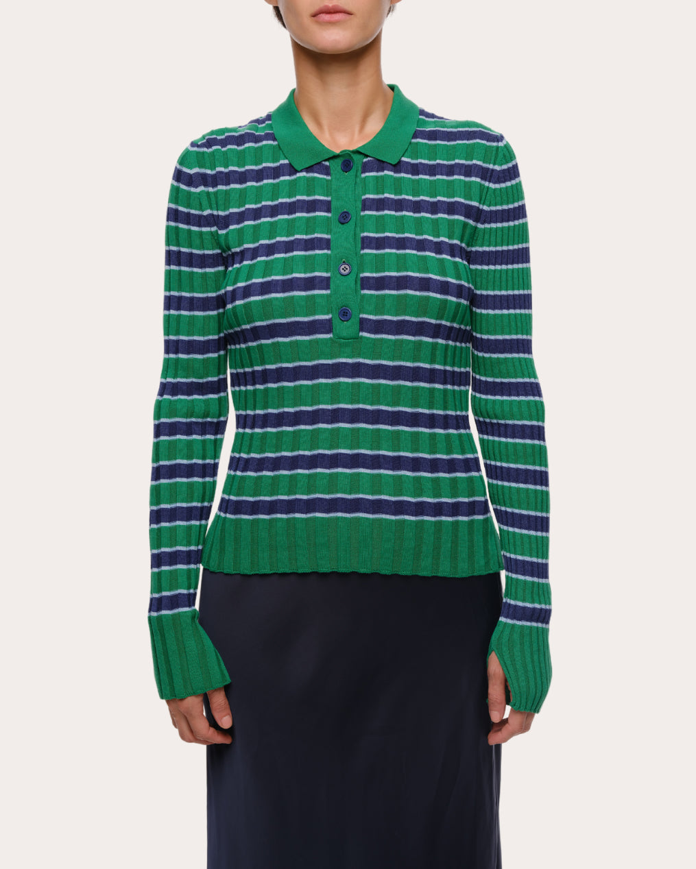 Silvia Striped Rib-Knit Cotton Polo Sweater