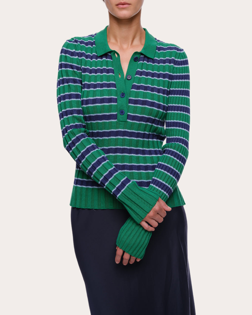 Silvia Striped Rib-Knit Cotton Polo Sweater