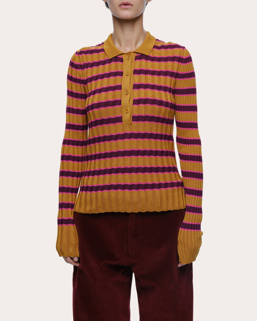 Silvia Striped Rib-Knit Cotton Polo Sweater