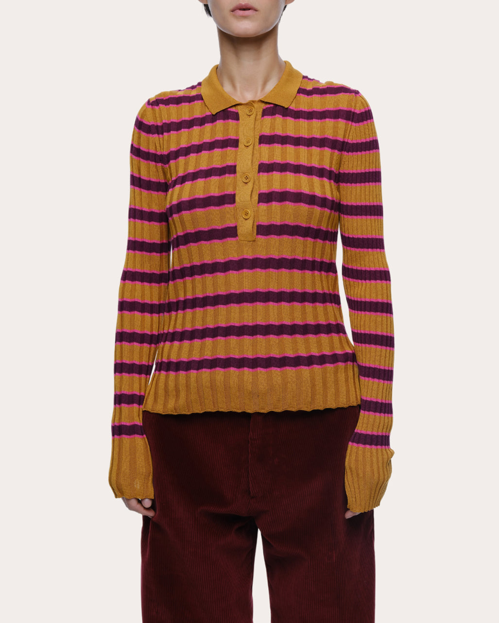 Silvia Striped Rib-Knit Cotton Polo Sweater