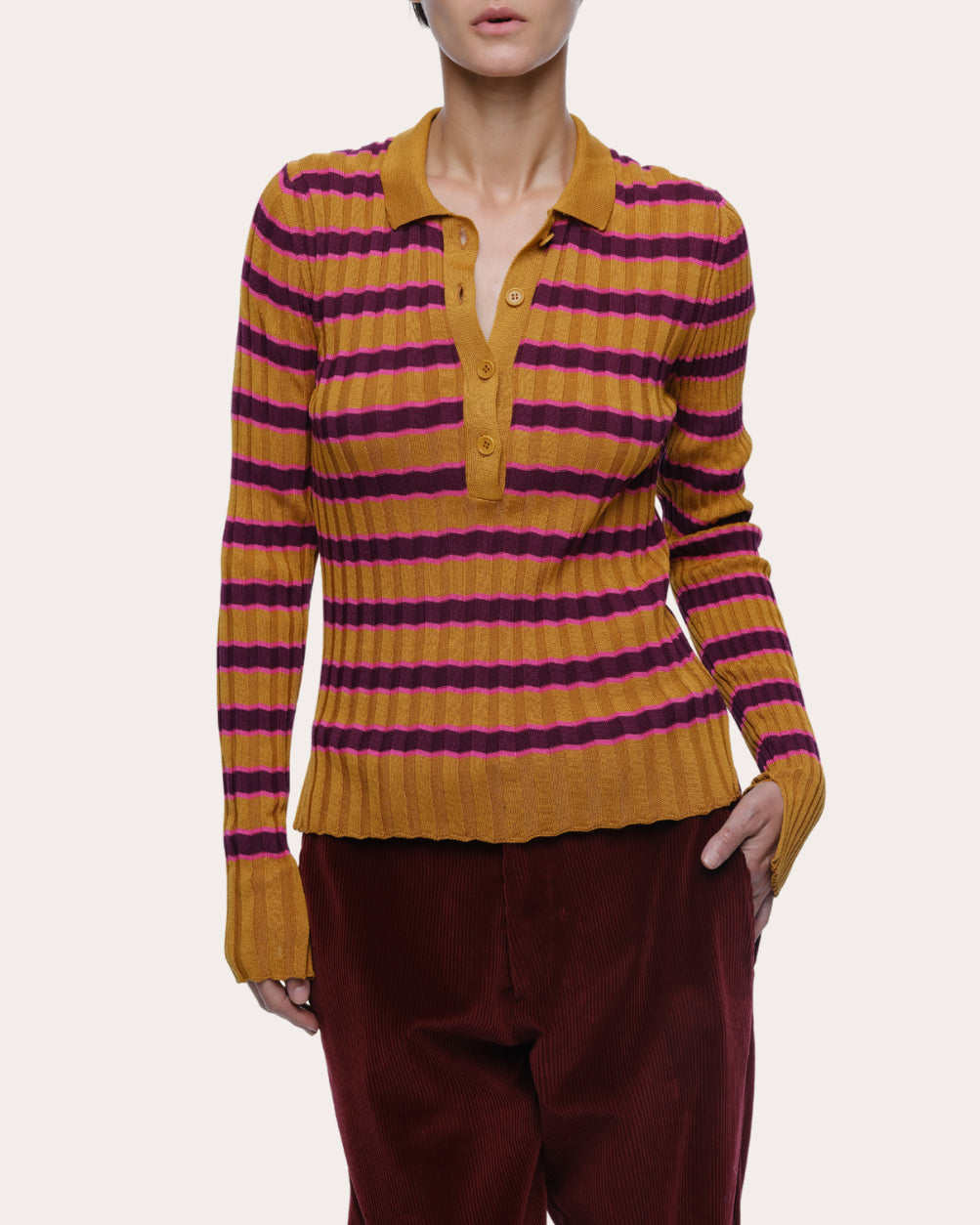 Silvia Striped Rib-Knit Cotton Polo Sweater