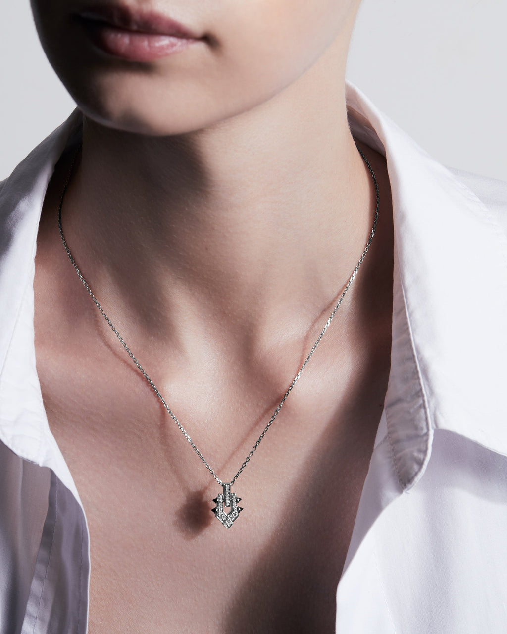 Spike Rhodium-Plated Sterling Silver Black Agate and Diamond Pendant Necklace