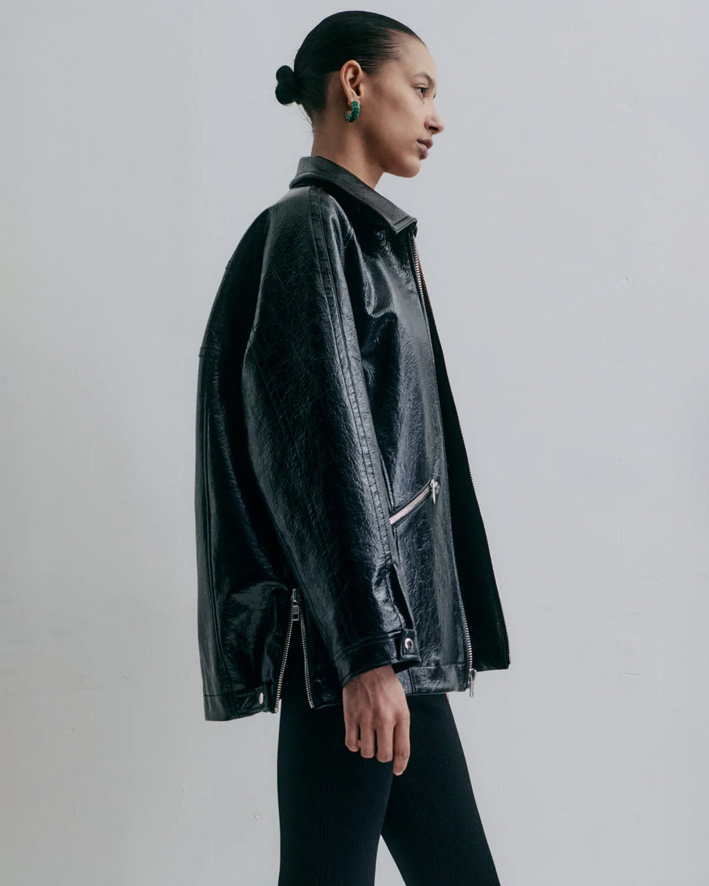 Zipper-Embellished Faux Leather Jacket