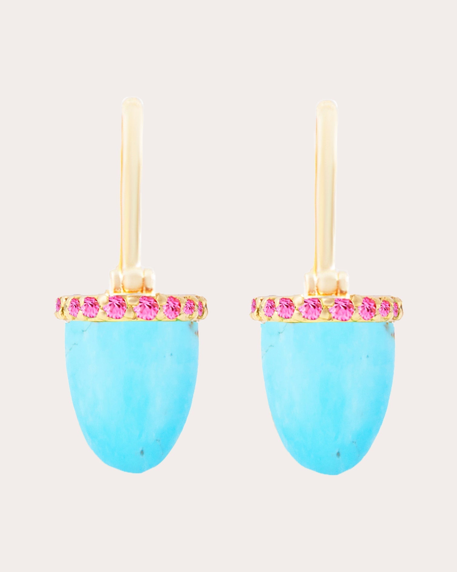 Found Cap 14K Gold Turquoise and Pink Sapphire Earrings