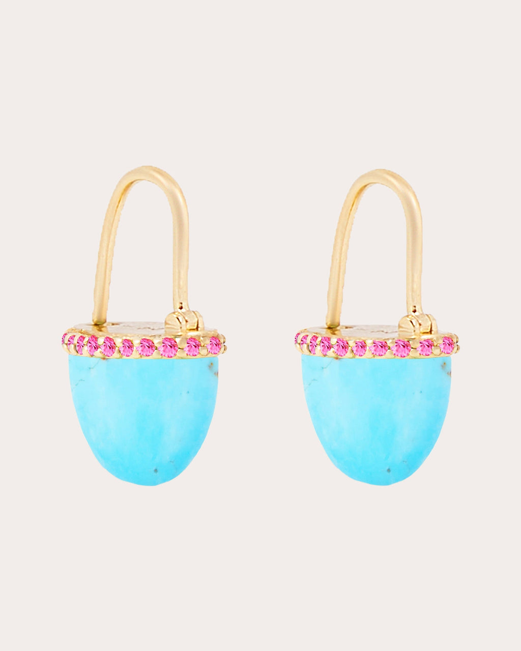 Found Cap 14K Gold Turquoise and Pink Sapphire Earrings