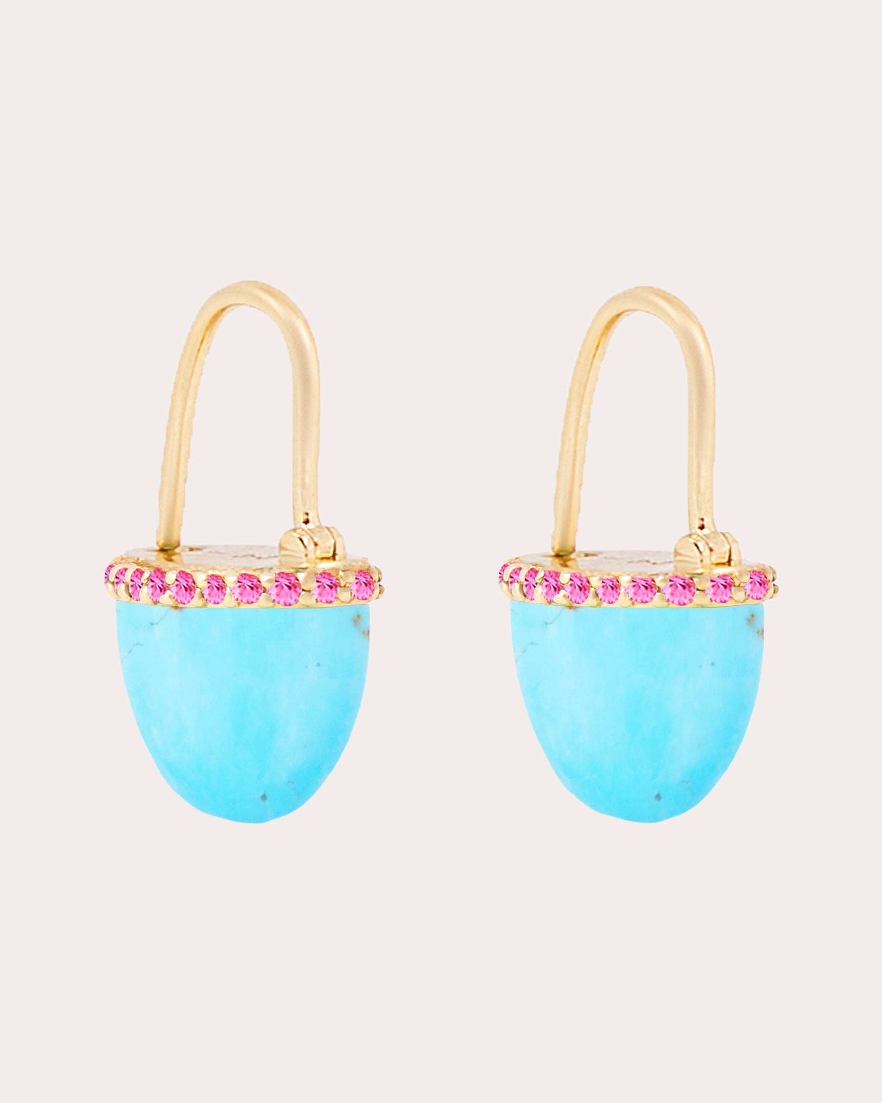 Found Cap 14K Gold Turquoise and Pink Sapphire Earrings