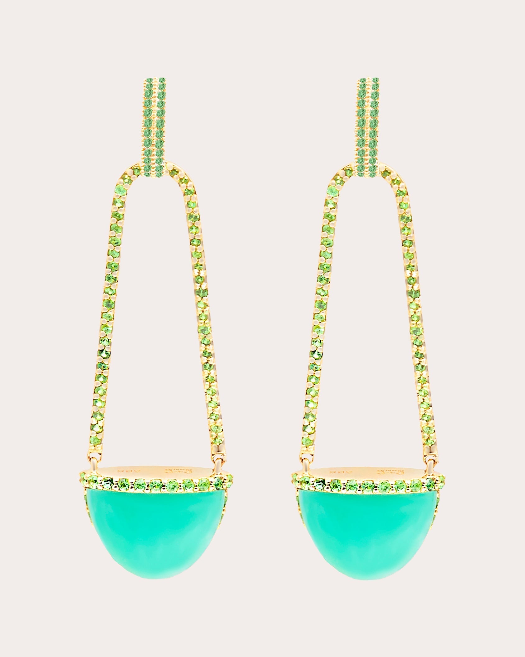 Found Cap 14K Gold Chrysoprase and Tsavorite Earrings