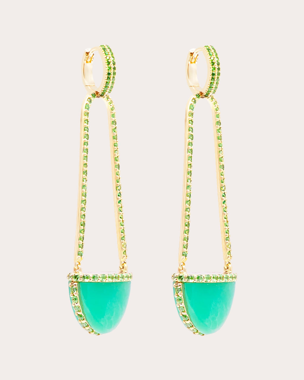 Found Cap 14K Gold Chrysoprase and Tsavorite Earrings